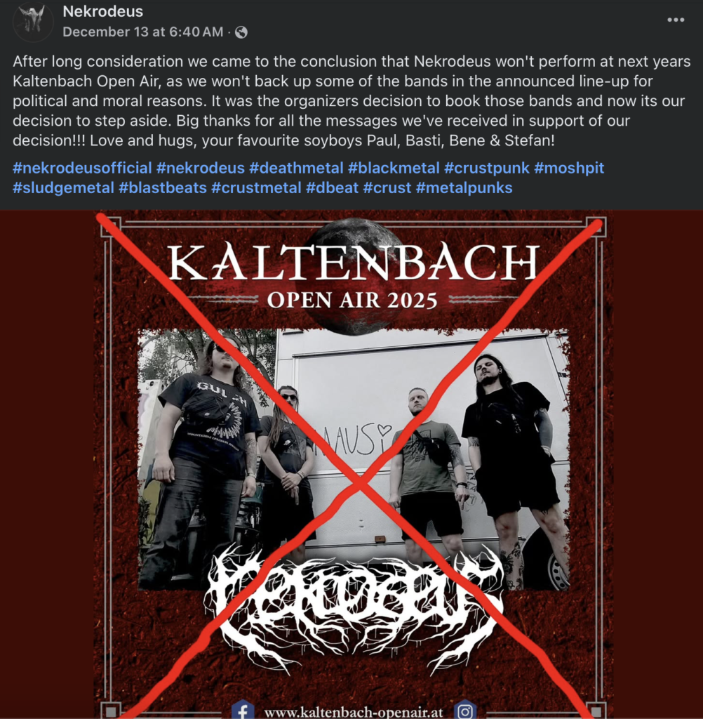 Captura de pantalla mostrando el mensaje de Nekrodeus y el flyer de la banda cruzado